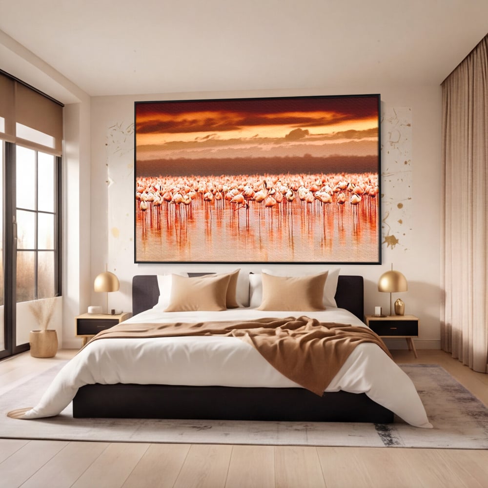 Tablou canvas cu tablou canvas cu stol de flamingo la apus, in rama de aluminiu negru, pe perete intr-un dormitor
